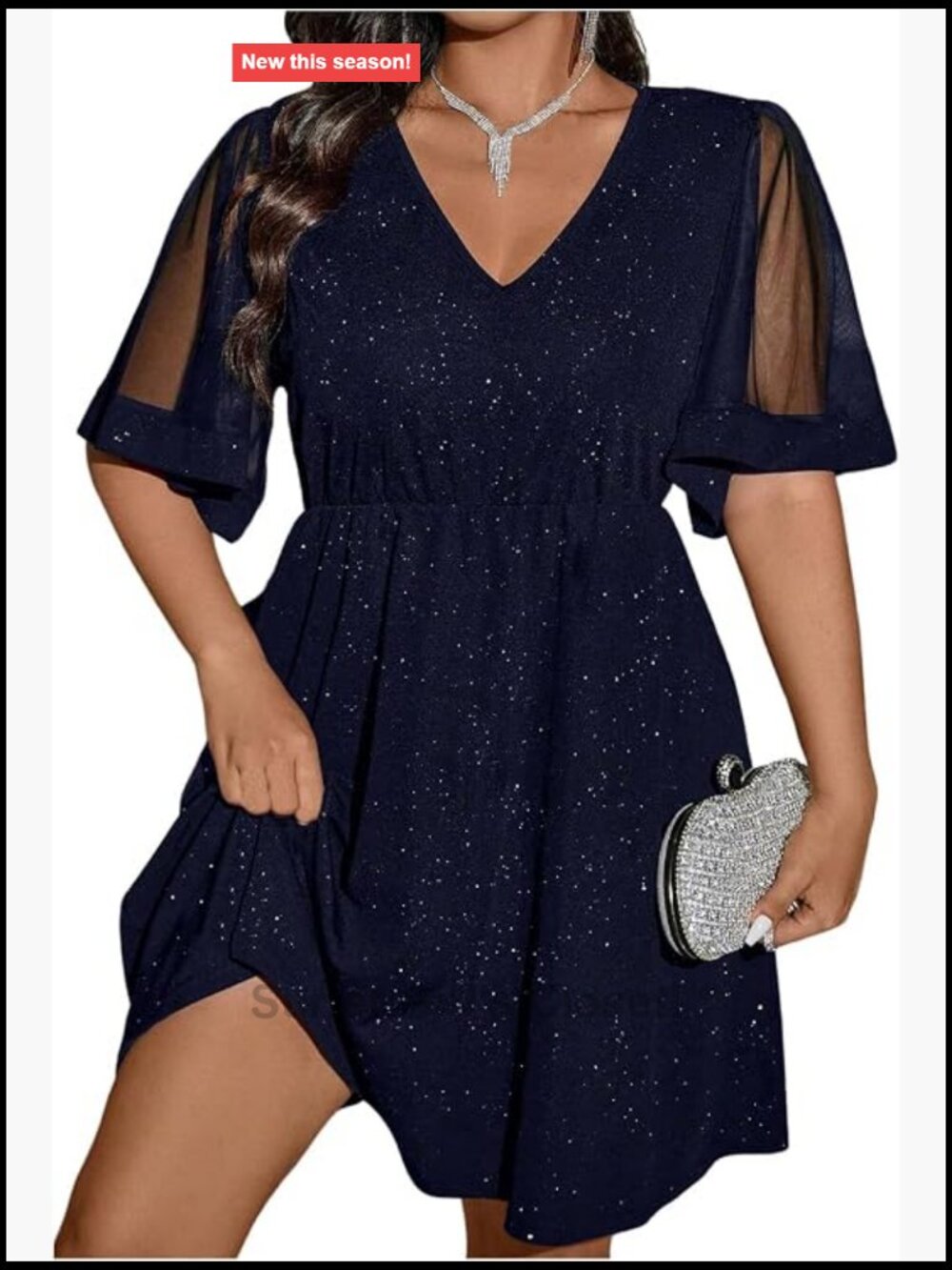 Plus Size A-Line Dress V-Neck Flounce Sleeve Glitter Flared Hem Mesh